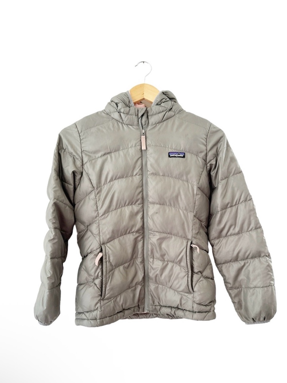 Patagonia jacket girls large 12 gray down puffer full zip hooded insulated